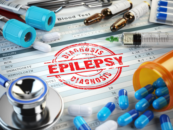 Epilepsy diagnosis. Stamp, stethoscope, syringe, blood test and  - Фото, изображение