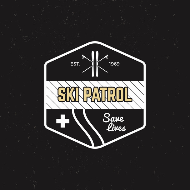 Ski patrol patch. Vintage outdoor design with mountain winter rescue gear. Outdoor adventure logo design. Travel hipster monochrome insignia. Wilderness emblem and stamp. Vector - Vector, Imagen