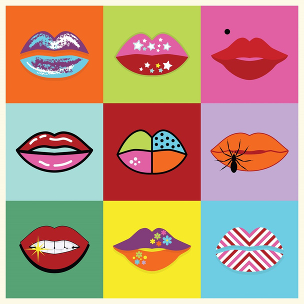 Retro valikoituja ja värikkäitä pop art naisten huulet asettaa juliste
 - Vektori, kuva