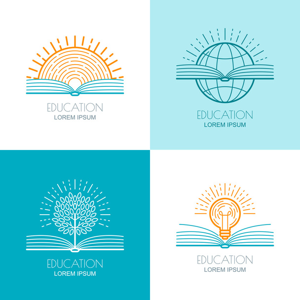 Set of vector education logo, icons, emblems design elements. Open book, sun, globe, tree and and light bulb linear symbol. Online training, courses, learning concept. - Vektor, Bild