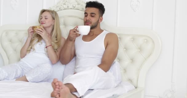 young couple drink coffee in bed, happy smile woman man lovers, love romantic morning - Filmmaterial, Video