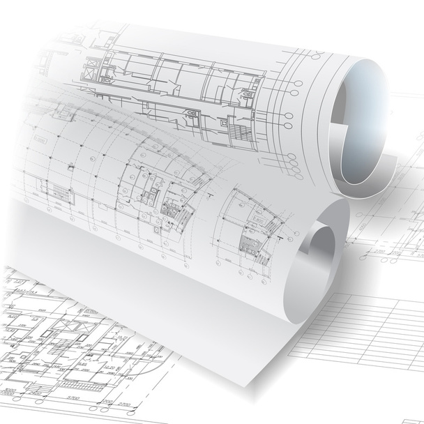 Архитектурный фон с рулонами технических чертежей
 - Вектор,изображение