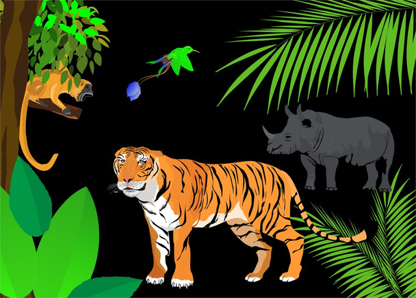 Tiger. Rhina ein Affe im Dschungel. Vektor Illustration Szene auf schwarzem Hintergrund - Vektor, Bild