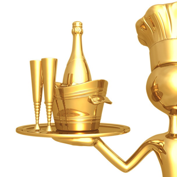 Chef dourado que serve champanhe
 - Foto, Imagem