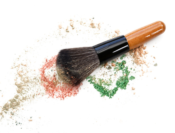 Crushed eyeshadow with brush isolated on white - 写真・画像