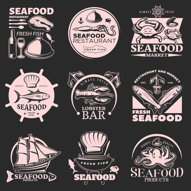 Seafood Emblem Set On Dark - Vektor, Bild