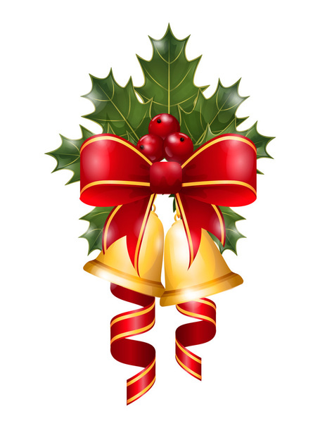 Christmas holly with bow, ribbon and bells - Vektor, Bild