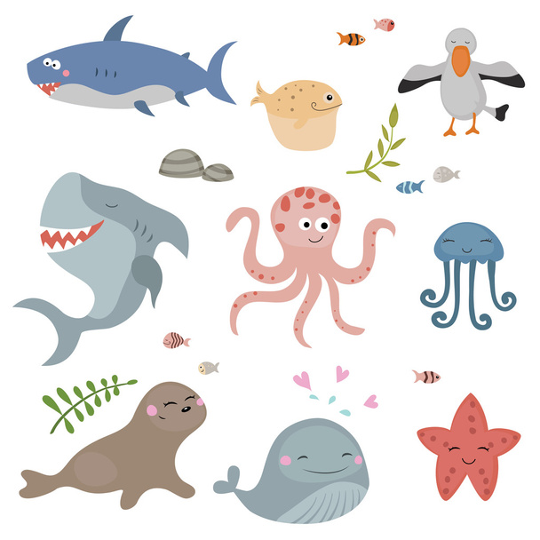 Cute sea creatures. - Vector, afbeelding