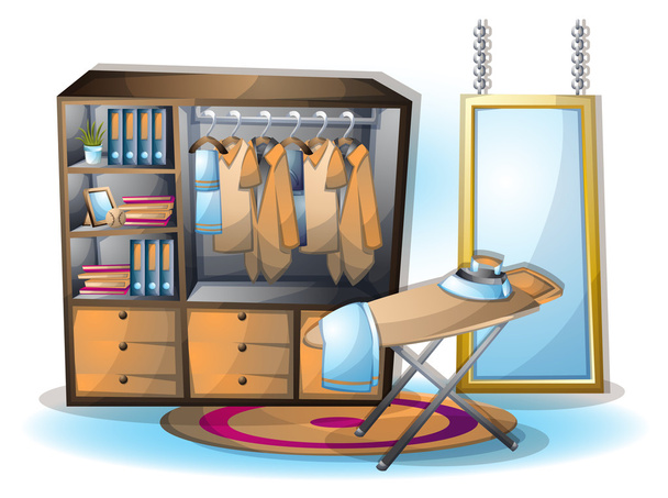 Cartoon vector illustratie interieur kamer met gescheiden lagen kleding - Vector, afbeelding
