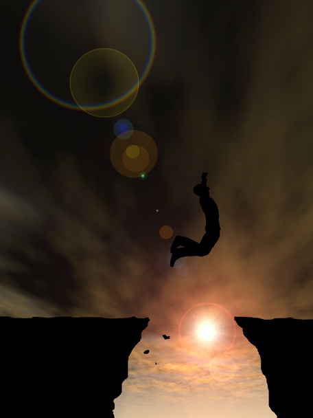  Mann Silhouette springt von Klippe  - Foto, Bild