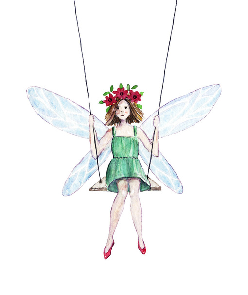 Watercolor illustration of a fairy on a swing - Foto, imagen
