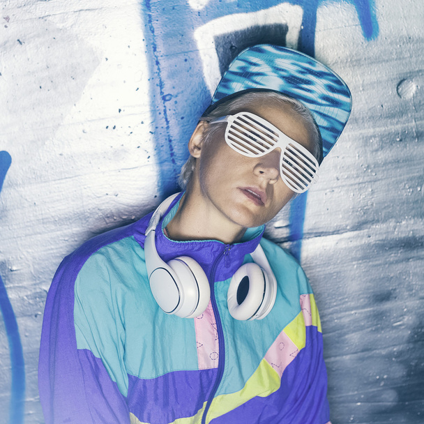 Urban Hipster Girl DJ on the night Street. Swag Fashion - Фото, зображення