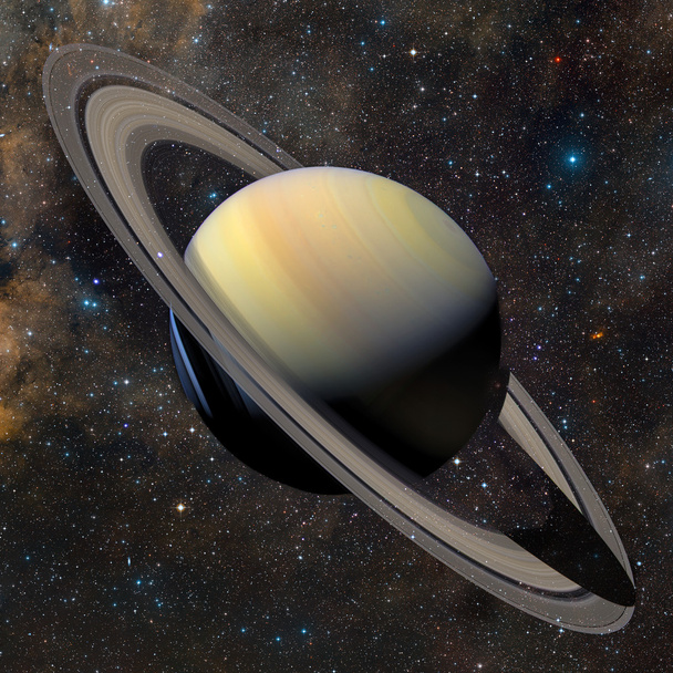 Planeta sluneční soustavy Saturn na pozadí mlhoviny.  - Fotografie, Obrázek