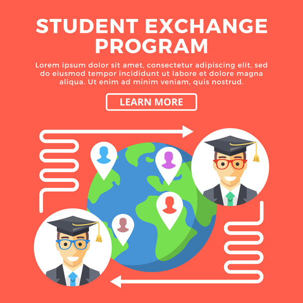Student exchange program, education abroad concepts. Happy students, arrows around Earth. Creative graphic objects for web banners, web design, printed materials, etc. Flat design vector illustration - Vector, Image
