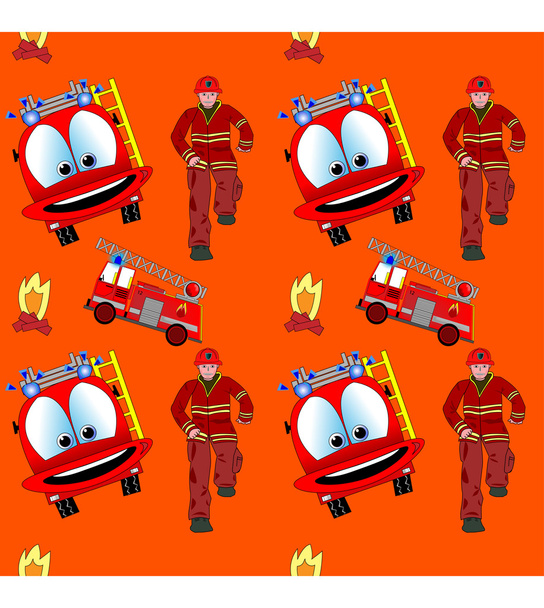 Nahtloses Muster mit Feuerwehrmann und Feuerwehrauto - Vektor, Bild