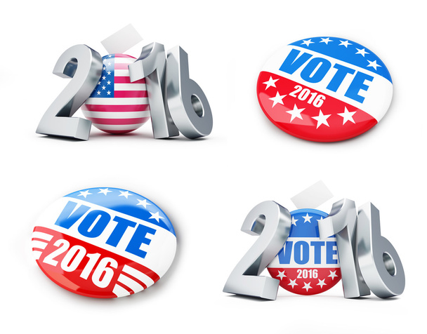 ψηφοφορία κουμπί σήμα εκλογές ΗΠΑ 2016 φόντο. 3D απεικονίσεις σε λευκό φόντο - Φωτογραφία, εικόνα