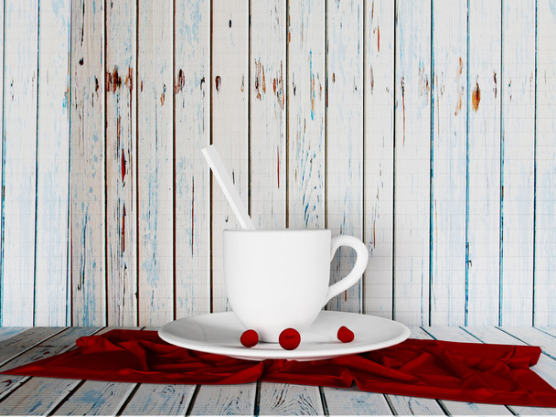 una taza y las cerezas en el plato, 3d
 - Foto, Imagen