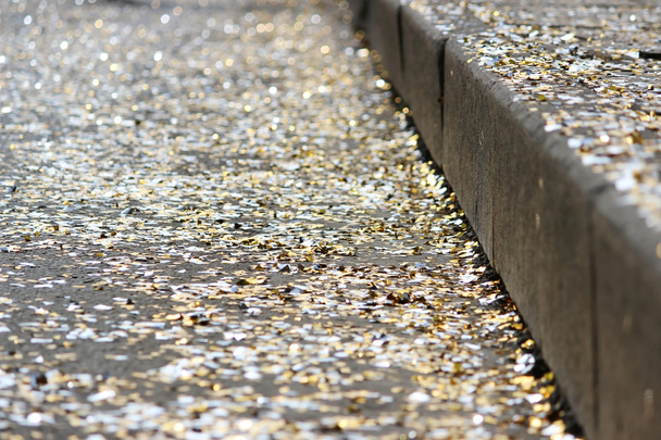 kaldırım ve yol ve bokeh yalan altın ve gümüş pullu ile Festival arka plan - Fotoğraf, Görsel