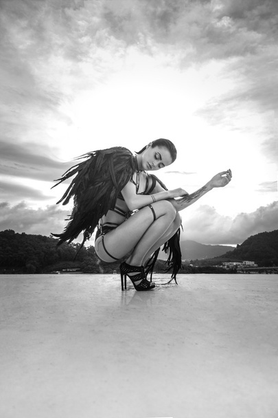 Black and white photo of beautiful seductive angel woman wearing lingerie and leather belts crouching on the roof over cloudy sky - Photo, Image