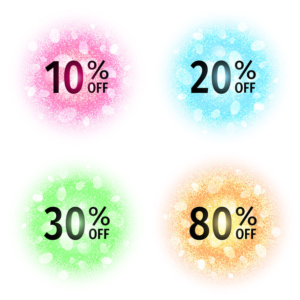 Discount banners on abstract round powder clouds set with dust particles isolated on white background. 10, 20, 30, 80 percent off above colorful circles with glow and bokeh effect. Vector illustration - Vector, Image