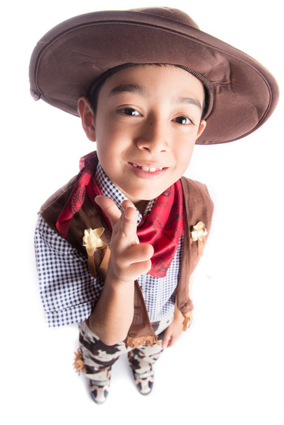 Little boy in cowboy costume on white background - Photo, image