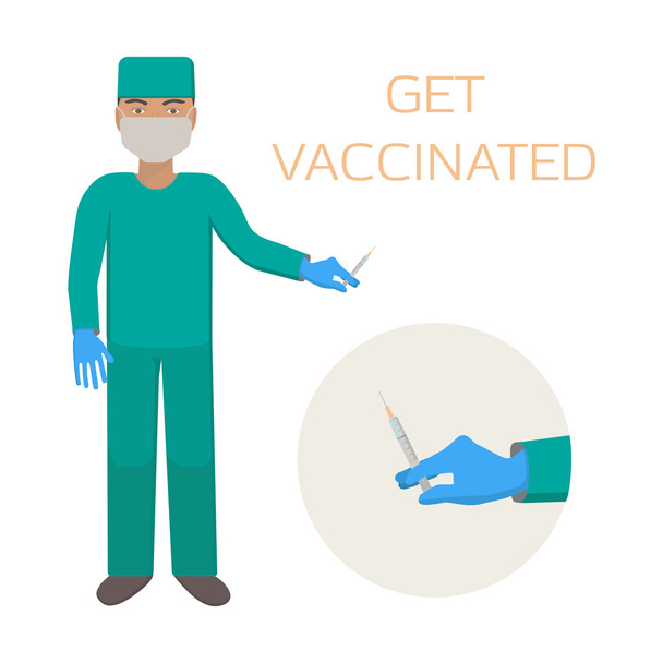 Surgeon with a syringe. Hand with a syringe. Get vaccinated.  - Vector, Image