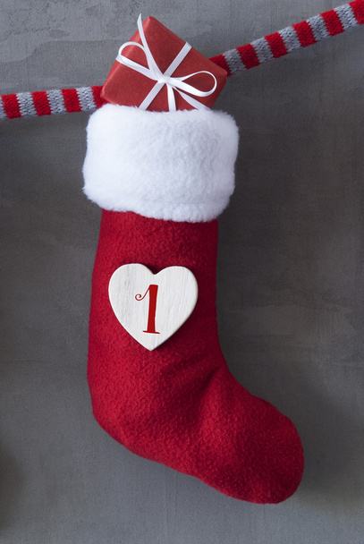 Vertical Nicholas Boot With Gift, Cement Background, First Advent - 写真・画像