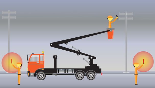 Электрик на грузовике Крейн с ведром
 - Вектор,изображение