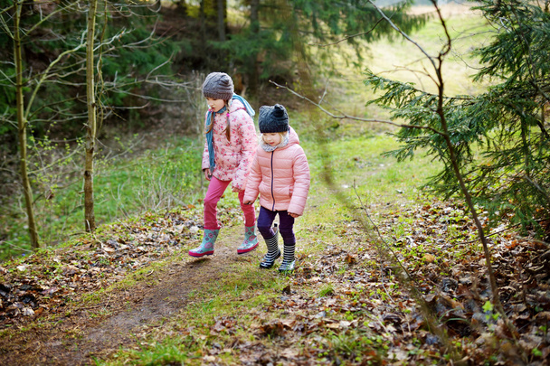 hermanas divirtiéndose durante caminata forestal
 - Foto, imagen