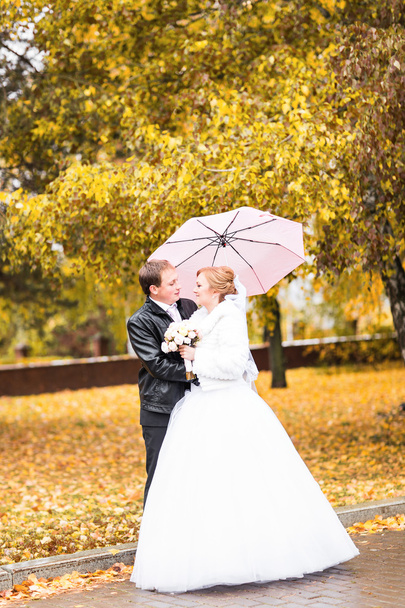 Braut und Bräutigam umarmen sich im Herbstwald - Foto, Bild