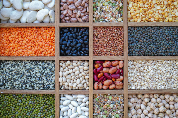 Kolekce míchaný z čočka, fazole, hrášek, obilí, krupice, sojové boby - Fotografie, Obrázek