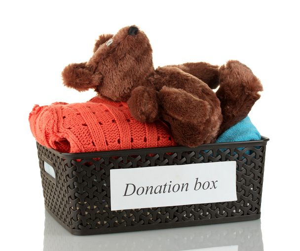 Donation box with clothing isolated on white - Fotografie, Obrázek