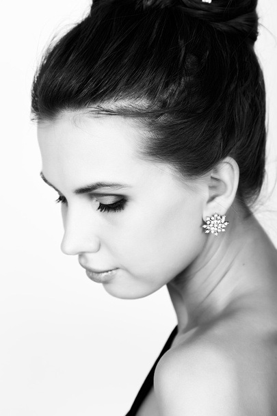 close-up portrait of a sexy beautiful woman in little black fashion dress. black and white - Фото, изображение
