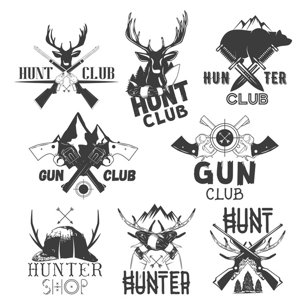 Vector set of hunt club labels. Monochrome badges, emblems, logos and banners in vintage style. Isolated illustrations guns, deers, knifes, bear - ベクター画像