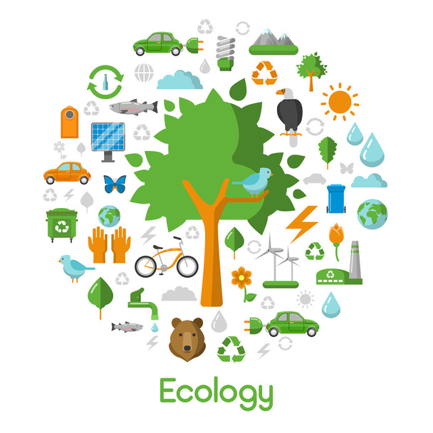 Ecologie Milieu groene stad concept vector icons set met energiebesparings technologieën - Vector, afbeelding