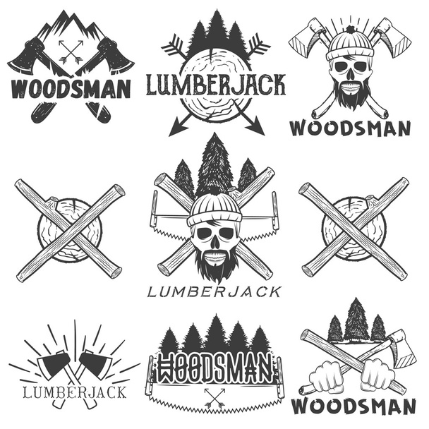 Vector set lumberjack logos, emblems, banners, labels or badges. Monochrome isolated illustration with woodsman, skull, axe, firewood, saw and forest silhouette - Vetor, Imagem