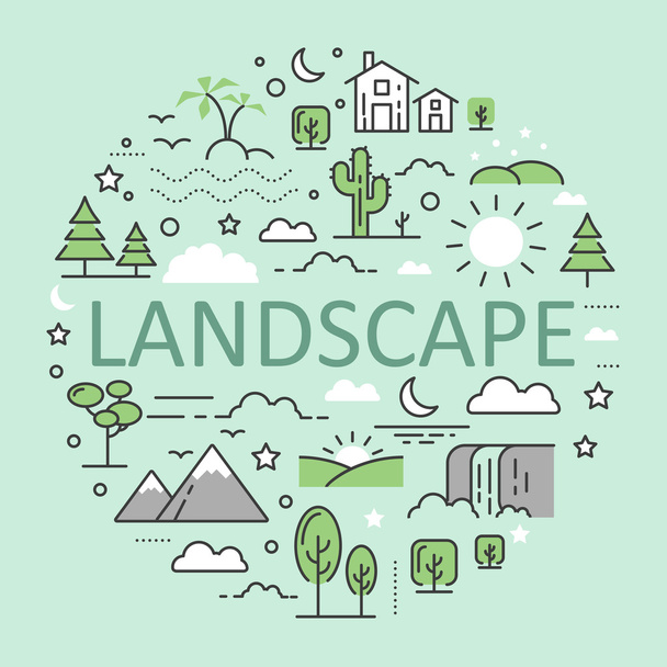 Landscape Nature Line Art Thin Vector Icons Set with Mountains Forest Urban - Vector, Image