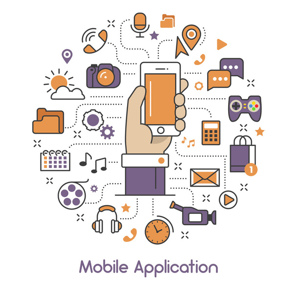 スマートフォンとモバイルサービスで設定されたモバイルアプリケーションラインアート薄いベクトルアイコン - ベクター画像