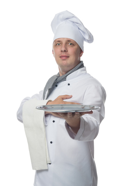 cook on a white background with a tray - Fotoğraf, Görsel