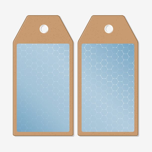 Tags Design auf beiden Seiten, Karton Verkaufsetiketten. Chemie-Muster, hexagonale Vektorillustration - Vektor, Bild