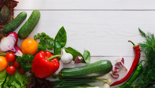 Fresh vegetables border on white wood background with copy space - Photo, Image