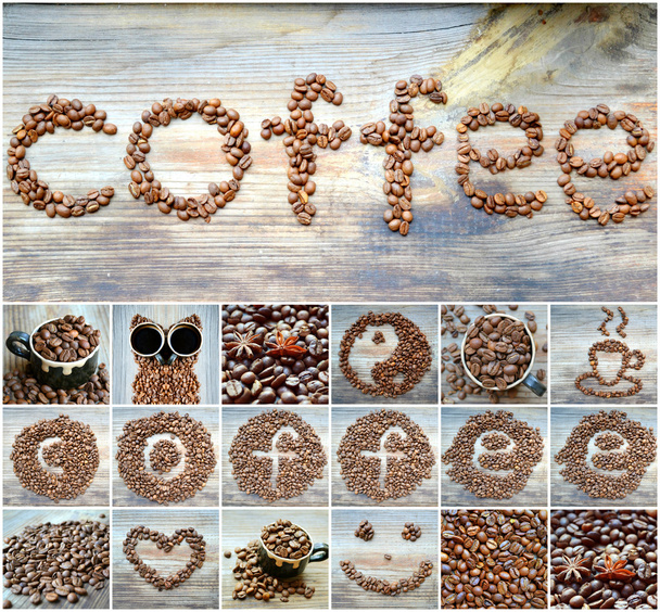 Diverse immagini di chicchi di caffè aromatici tostati messi in varie forme su tavolo di legno
 - Foto, immagini