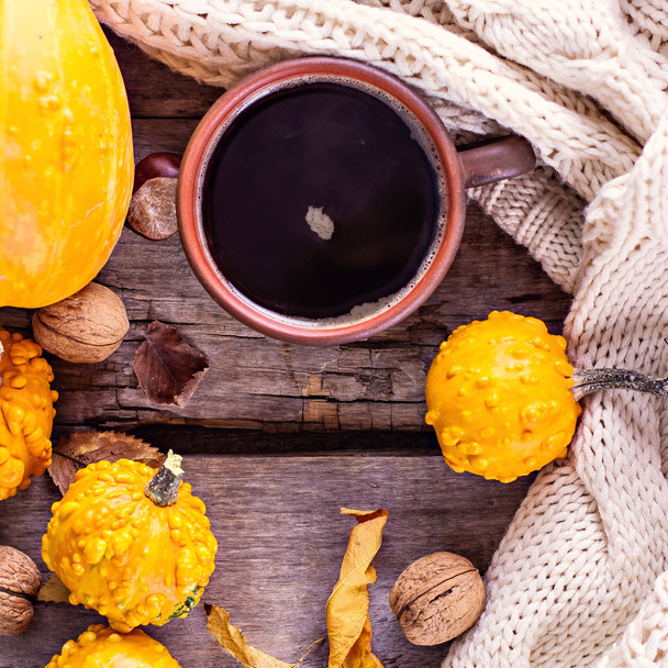 Cup of coffee, pumpkin, autumn leaves - Photo, Image