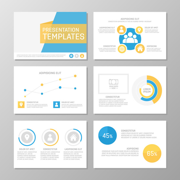 Set of blue and yellow template for multipurpose presentation slides. Leaflet, annual report, book cover design. - Vector, Image