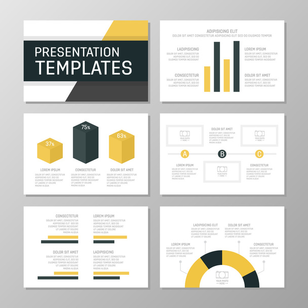 Set of gray and yellow template for multipurpose presentation slides. Leaflet, annual report, book cover design. - Vector, Image