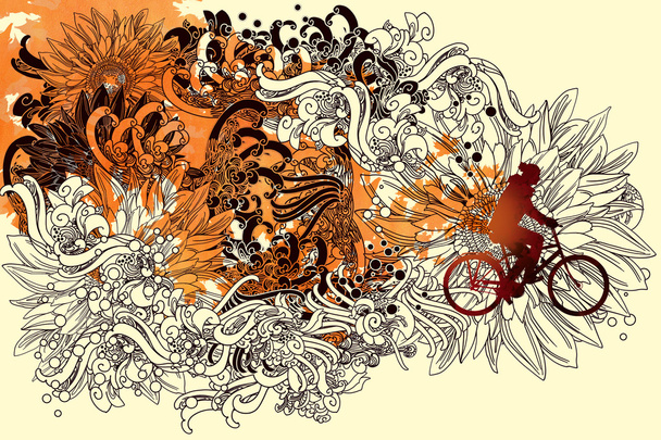 abstrakter Herbst mit floraler Linienkunst und Fahrradfahren - Foto, Bild