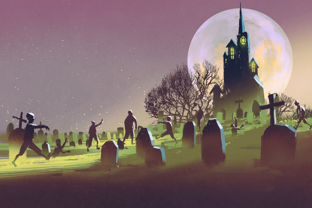 Gruselschloss, Halloween-Konzept, Friedhof mit Zombies - Foto, Bild