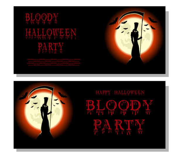 Halloween banner: halál, denevérek, ijesztő Kasza és véres szöveget rajzfilm stílusban háttérben nagy Hold. Koncepció tervezés banner, poszter, meghívó vagy jegy a buli. Vektoros illusztráció - Vektor, kép