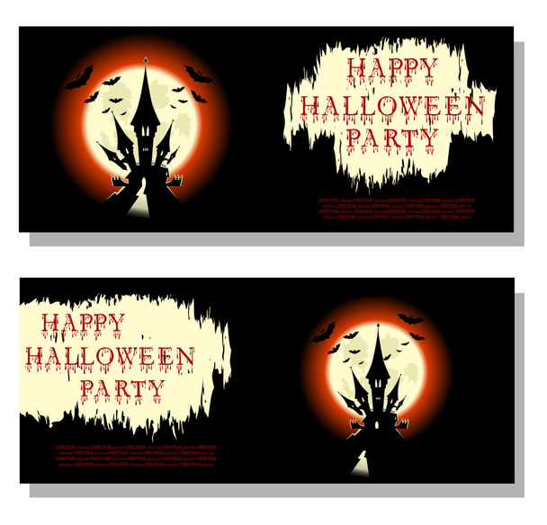 Halloween háttér: denevérek, ijesztő vár és véres szöveget rajzfilm stílusban háttérben nagy Hold. Koncepcióterv a banner, poszter, meghívó, szórólap vagy jegy a buli. Vektoros illusztráció - Vektor, kép