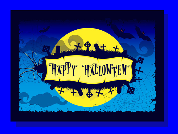 Happy halloween background with retro lettering, monster spider, web, silhouette cemetery with graves backdrop on big moon and scary bats on dark sky background. Cartoon style. Vector illustration - Vector, Image